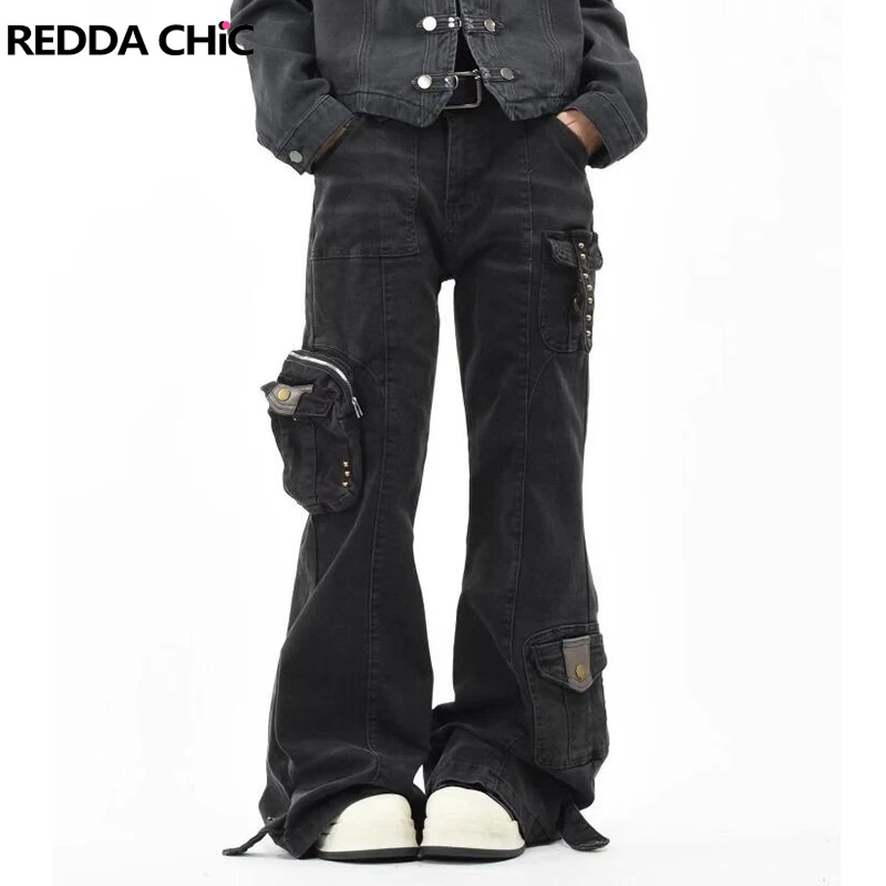 

REDDACHIC Men Cargo Pockets Flare Jeans Distressed Whiskers Pockets Stitch Wide Leg Bootcut Pants Fall Trendy Hiphop Streetwear