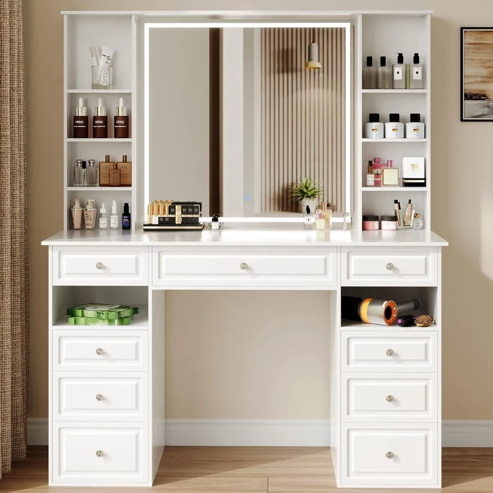 

Makeup Vanity Desk with Mirror and Lights, 47" Large Vanity Table with 9 Drawers & 10 Open Storage Shelves,Brightness Adjustable