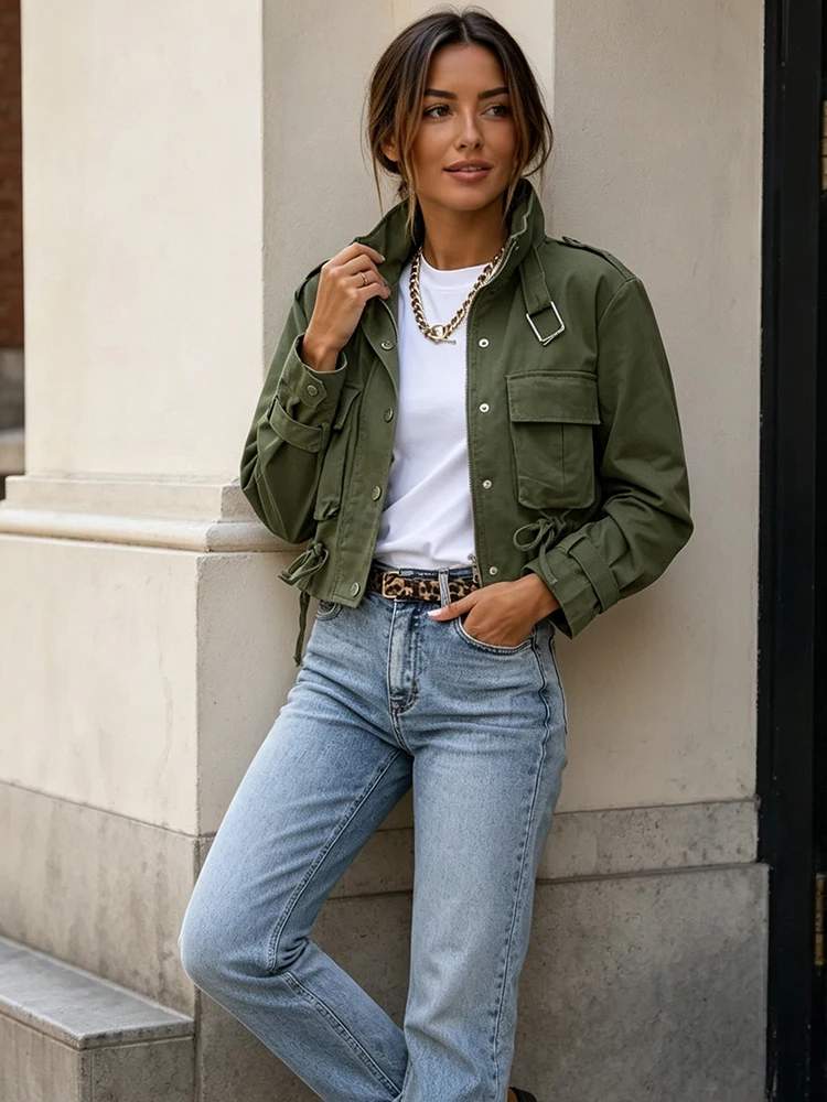 Vintage Damen Kurze Jacke mit Stehkragen, Reißverschluss, einreihig, Armeegrün, Utility-Mantel, 2026 Neue Herbst-Chic Cargo Streetwear-Jacken – Detail 5