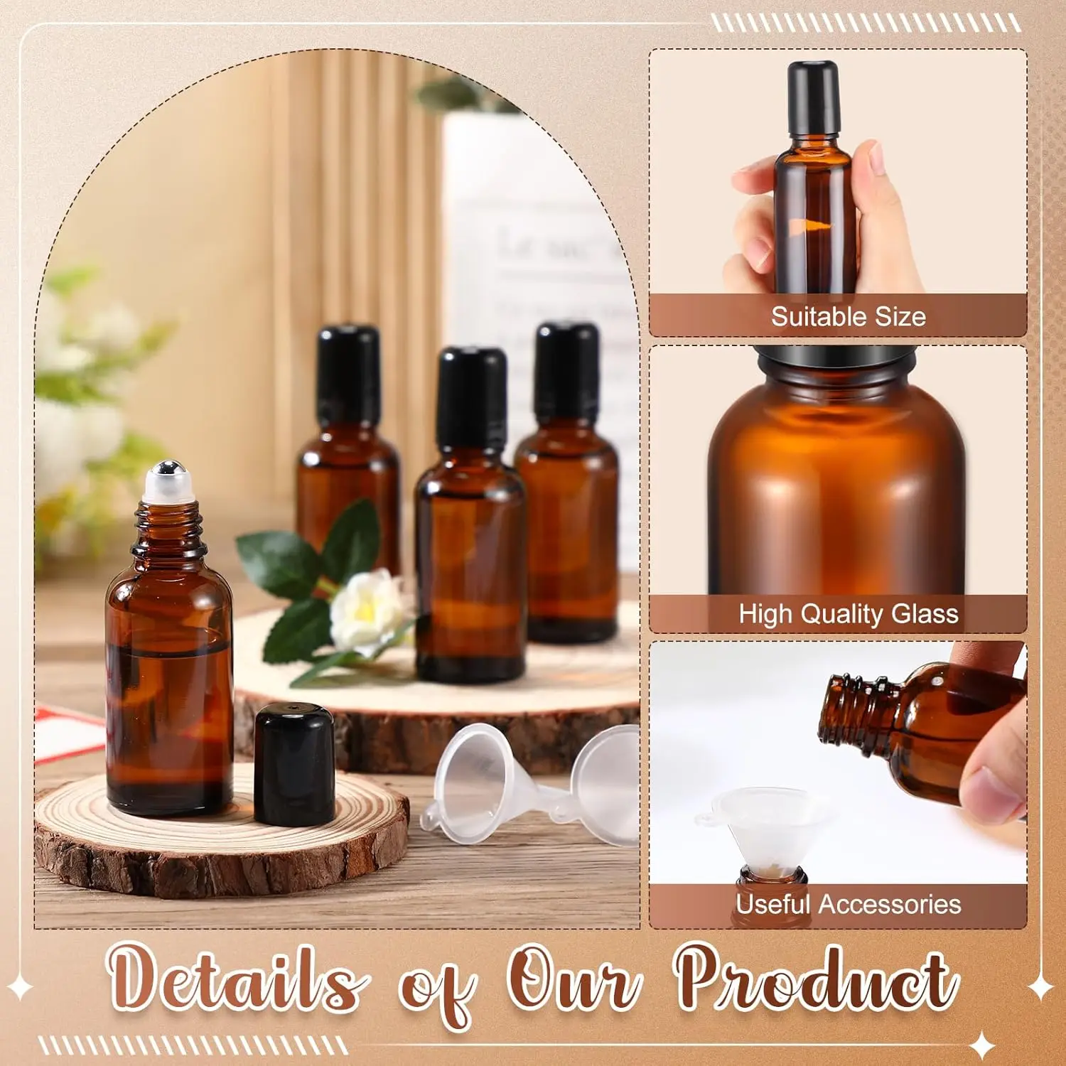 5/10/15/20/30/50/100ML Amber Roller Bottle Glass Refillable Essential Oil Perfume Bottles Roll on Vials Empty Sample Containers