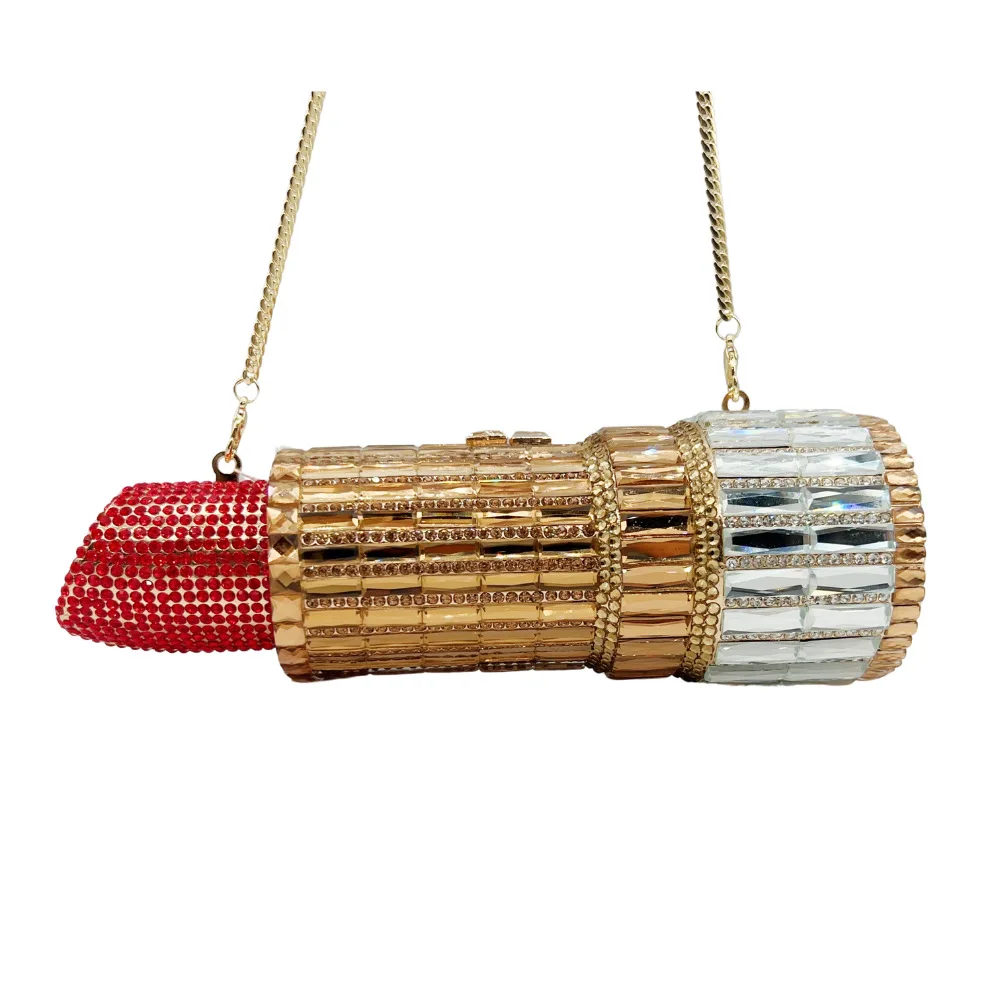 

Lipstick Shape Diamond Set Dinner Bag Full Of Diamonds Crystal Banquet Clutch Crystal-Embellished Party Clutch Pearl Clutch Bag