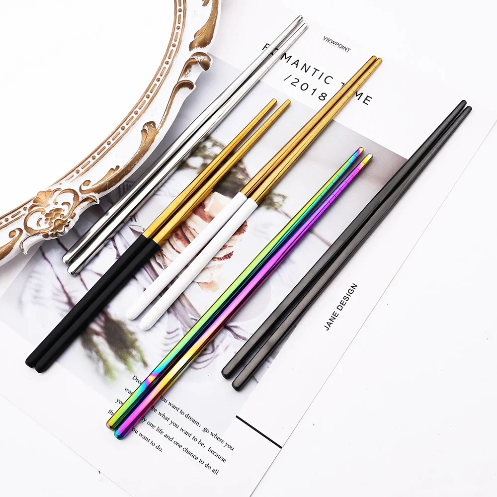 Black Gold Chopsticks Reusable Non-slip 4Pairs Chinese Chopsticks Stainless Steel Flatware Sushi Household Kitchen Tableware Set