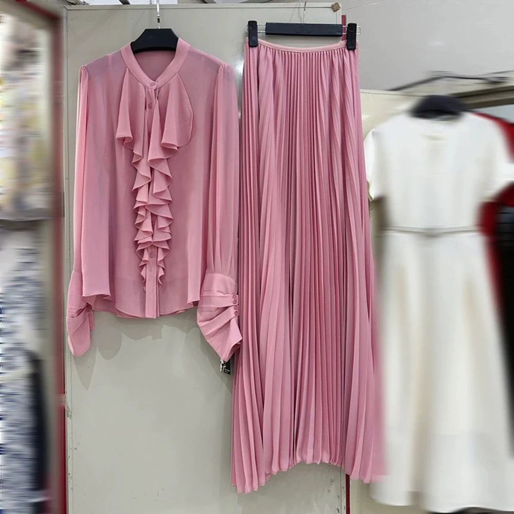 Nicho de verão francês fluindo perspectiva plissada de dupla camada solta com babados camisa de manga comprida-GZXX251