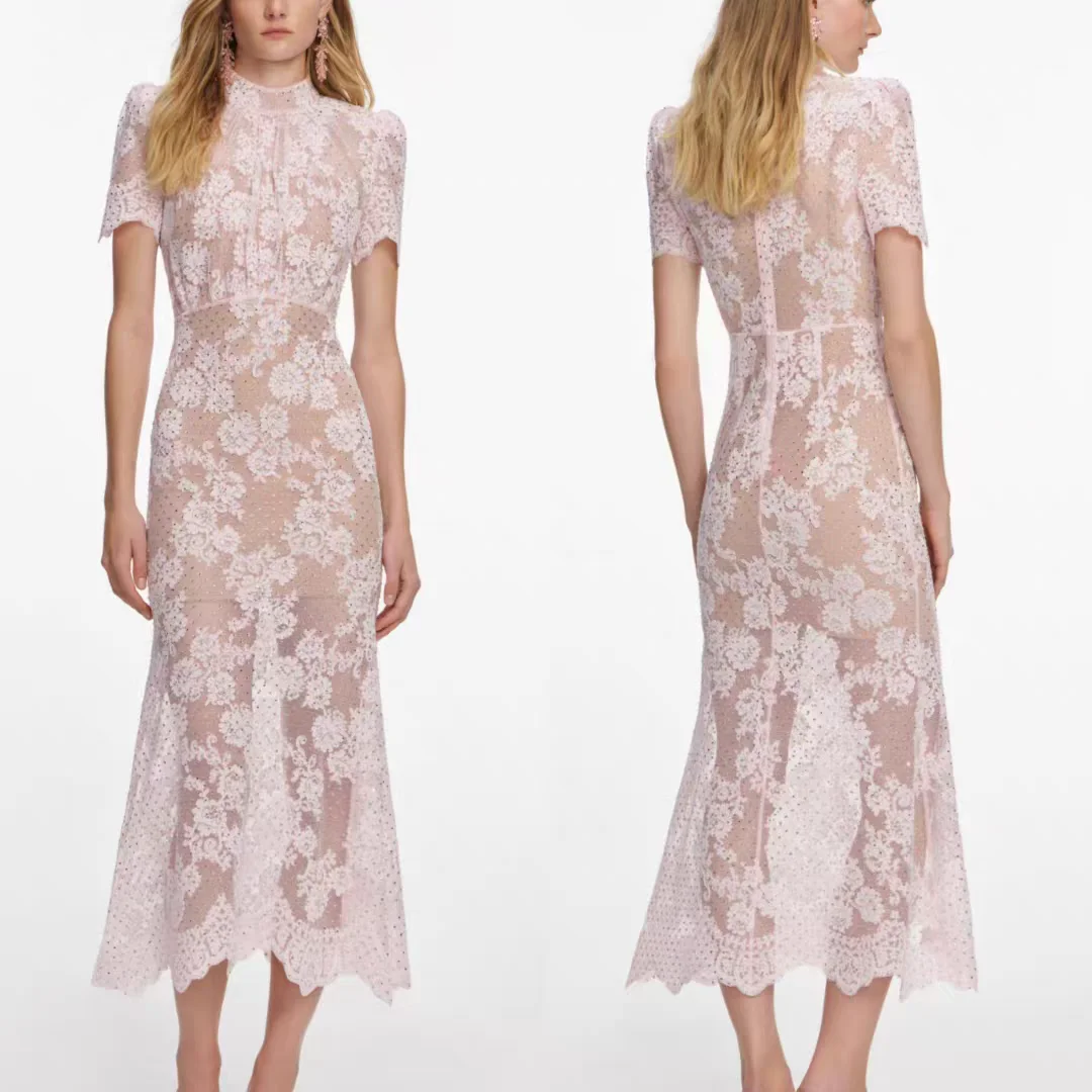 Women Lace rhinestone pink dress short sleeve high waist party midi dress