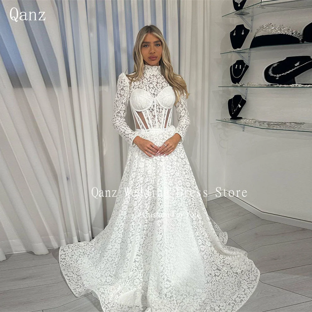 

Qanz Boho Lace Appliques Wedding Dresses High Neck Elegant Long Sleeves A Line Bridal Gowns Vestidos De Novia 2025 Alta Calidad