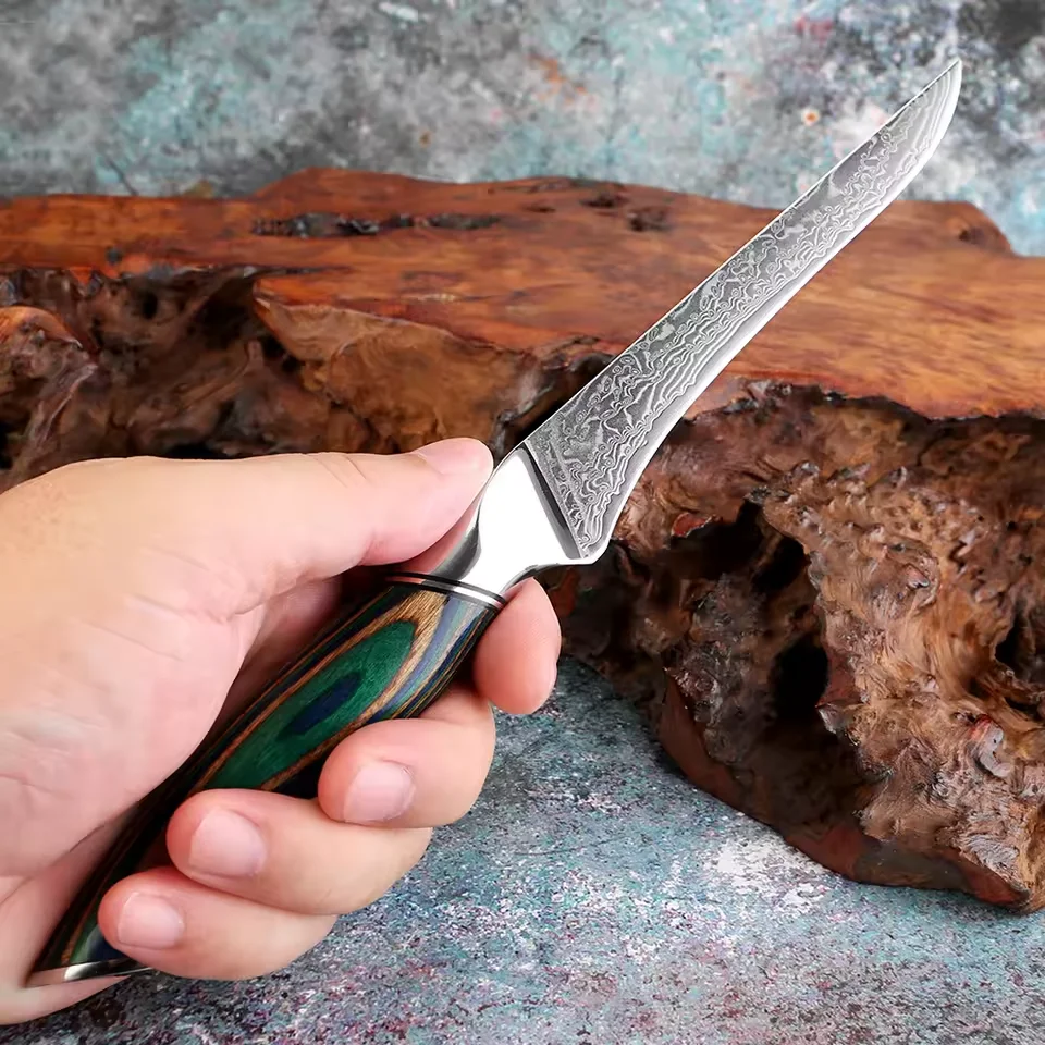 

6 Inch Boning Knife Japanese Damascus Steel Sharp Fish Fillet Knife ,Kitchen Knife Flexible Blade, Green Colored Wooden Handle