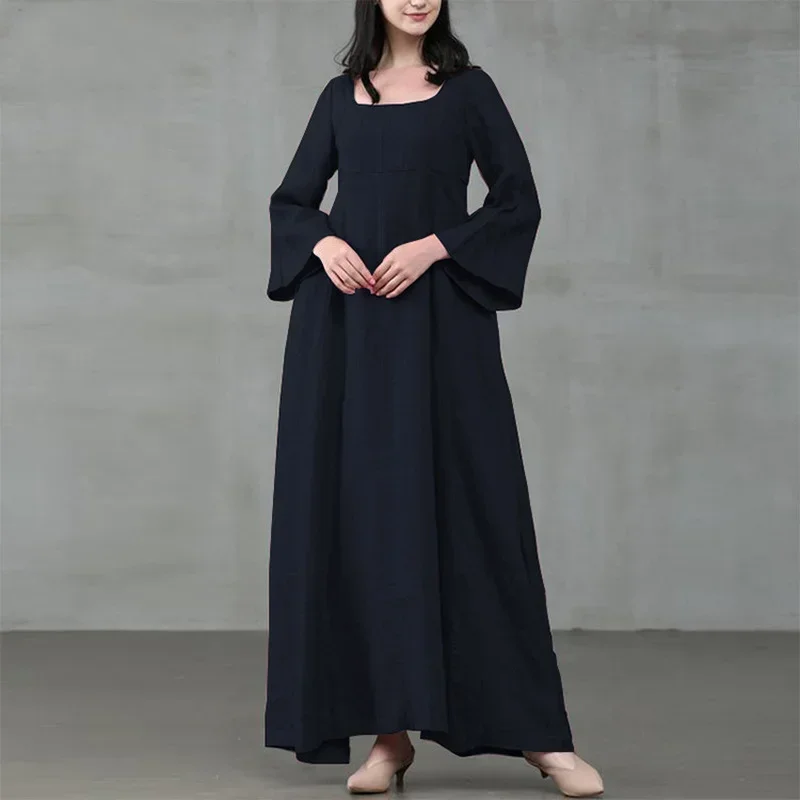 

Vintage Cotton Linen Woman Dress Square Collar Long Flare Sleeve Sundress Loose Party Dresses for Women Robe Casual Vestido