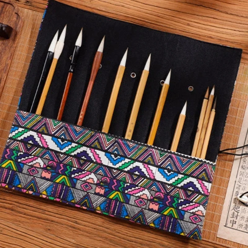 Fabric Ancient Style Chinese Calligraphy Brush Roll Curtain Large Capacity Watercolor Ink Brush Storage Student Art Organizer