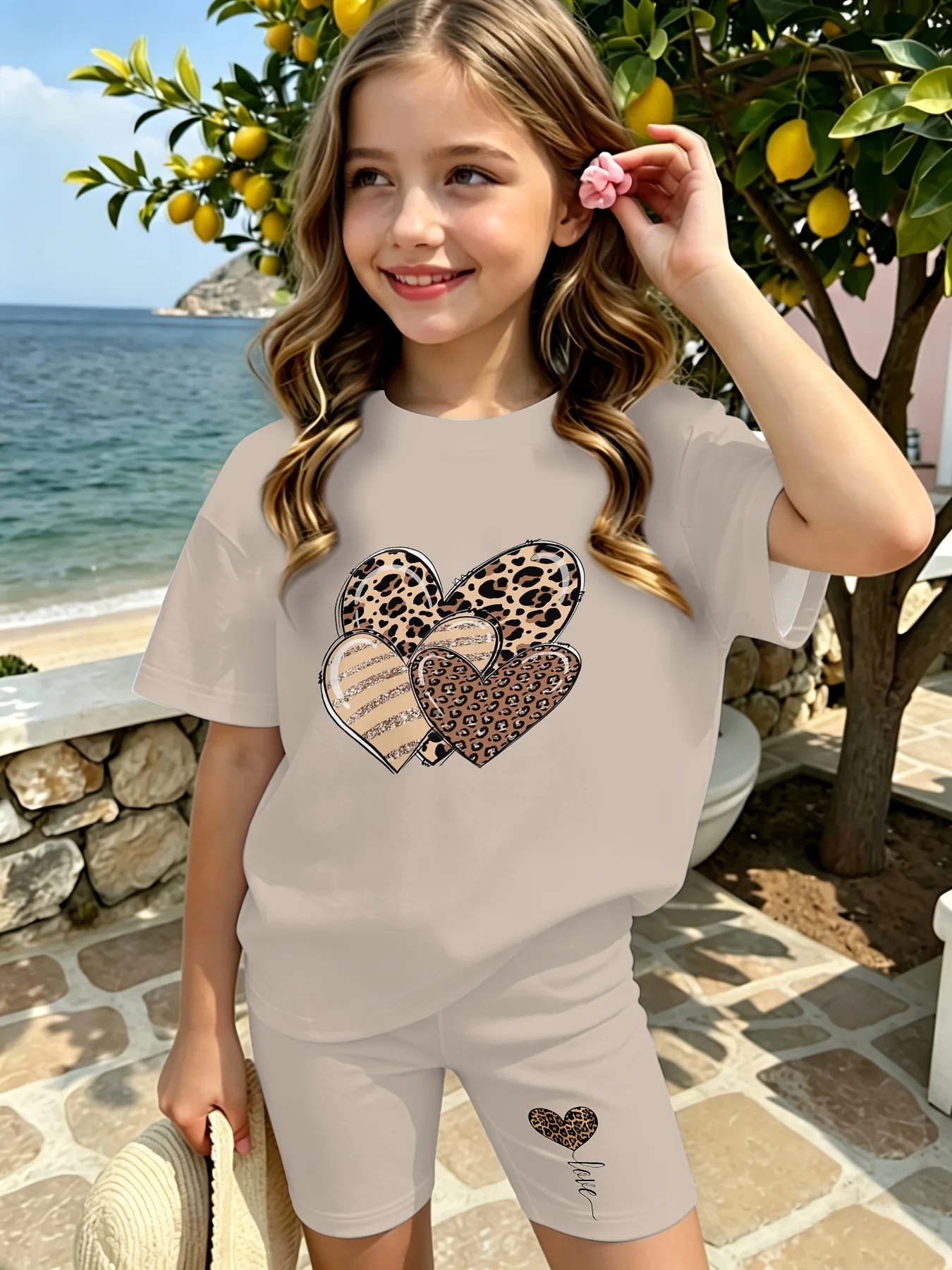 Summer Cute Beige Girls Leopard Heart Striped Glitter Round Neck Short Tee Shorts Set Ultra Quick Dry Trendy Smooth Light Outfit