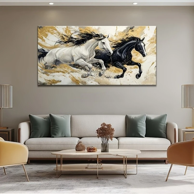 Large-sized frameless canvas paintings,Galloping Black Horse White Horse Poster Prints Abstract Animal Art Canvas Painting Wall