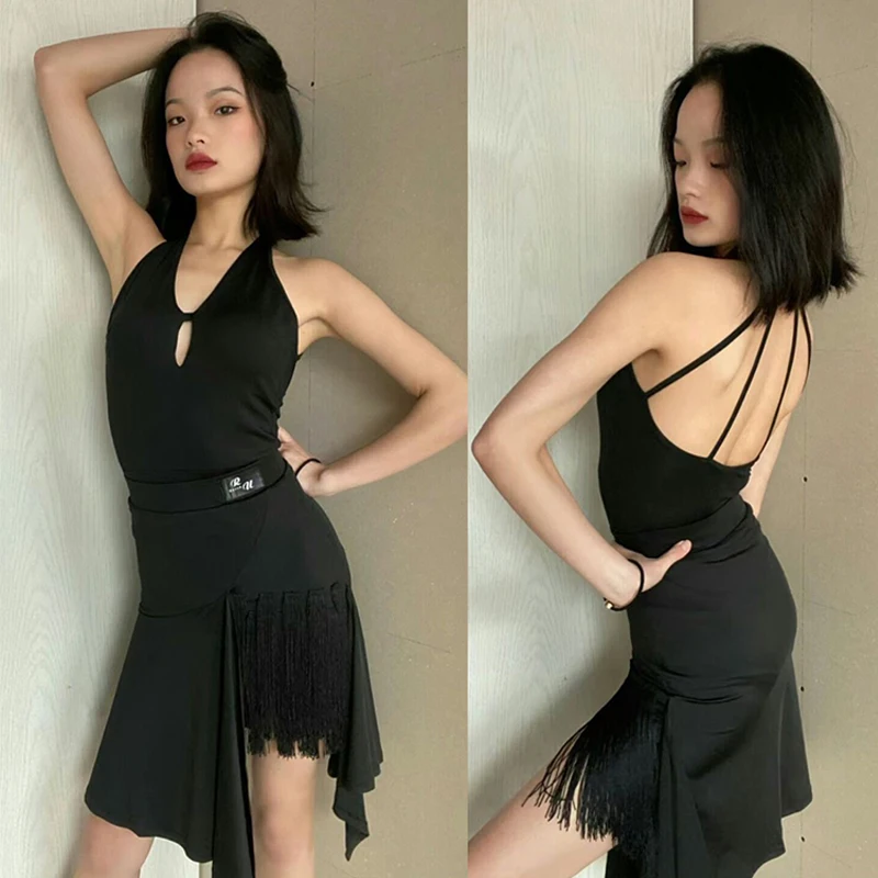 Latin Dance Clothes Women Backless Tops Black Tassel Slit Skirt Adult Practice Wear Rumba Cha Cha Dance Dress Club Wear DNV18459