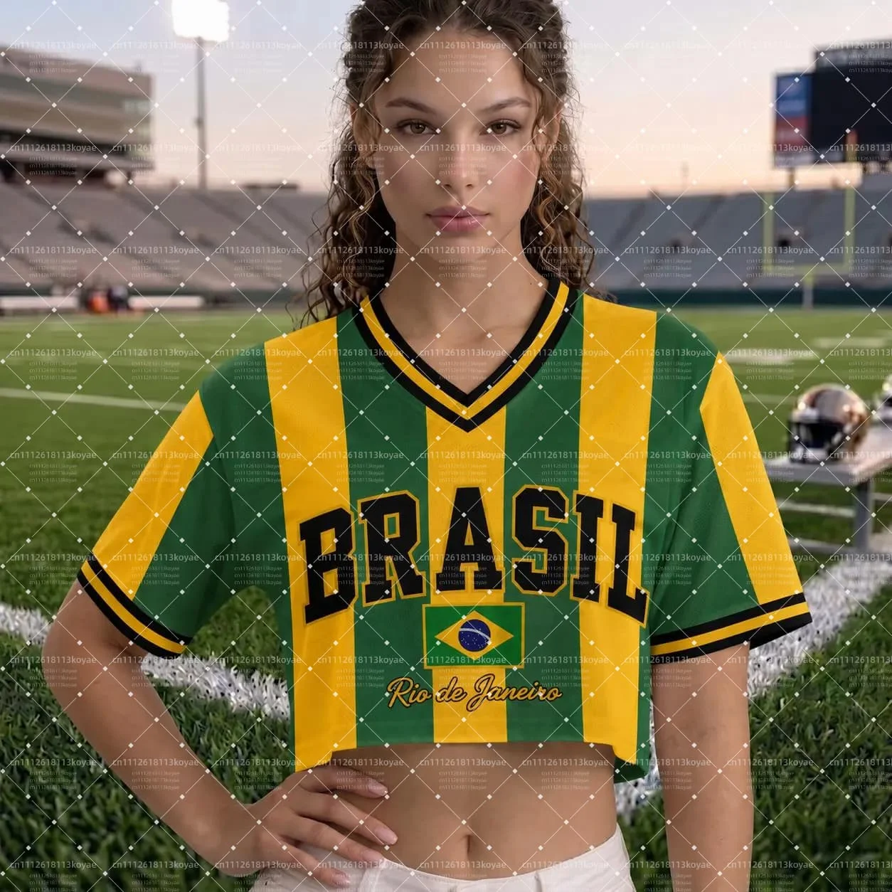 2026 Summer Brazil Fan Inspired V-Neck Crop Top, Breathable Quick Dry Fashion Y2K Football Fan Women's Cheerleading T-shirt