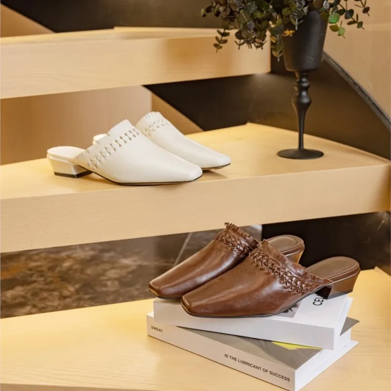 Women's Leather Square Toe Slip On Mules - 3.5cm Block Heel Dressy Flat Shoes for Women, Elegant Loafers Office Work Shoes