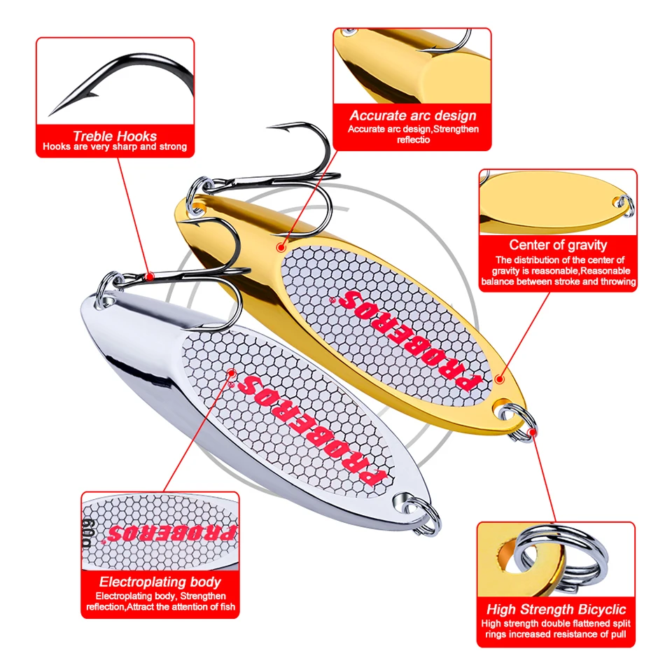 

PROBEROS Metal Jig Spoon Fishing Lure 3g-60g Spinner Wobbler Hard Bait Artificial Sequins for Bass Pike Trout Sea Fishing Lure
