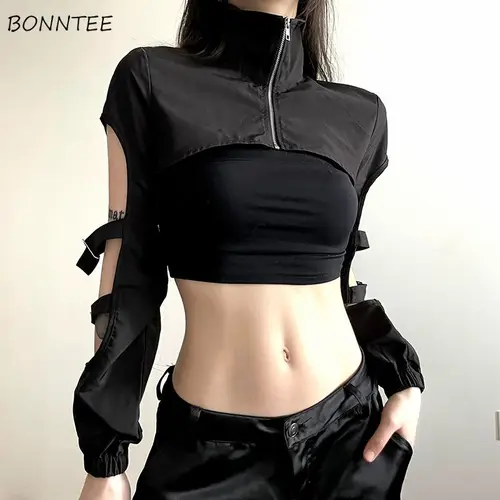 Microchaquetas para mujer con cremallera, manga larga, gótica, combina con todo, Y2k, calada, única, Sexy, picante, ropa de calle fresca, abrigos de verano Chic