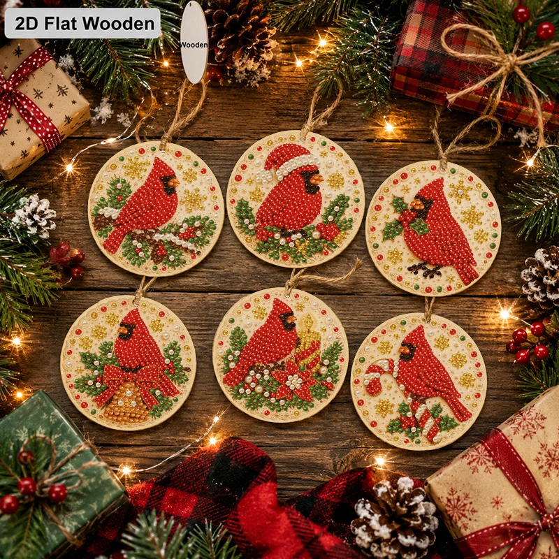 2D Flat 6Pcs DIY Diamond Painting Kit, Wooden Christmas Diamond Art Hanging Ornament, Hanging Ornament, Christmas Flamingo