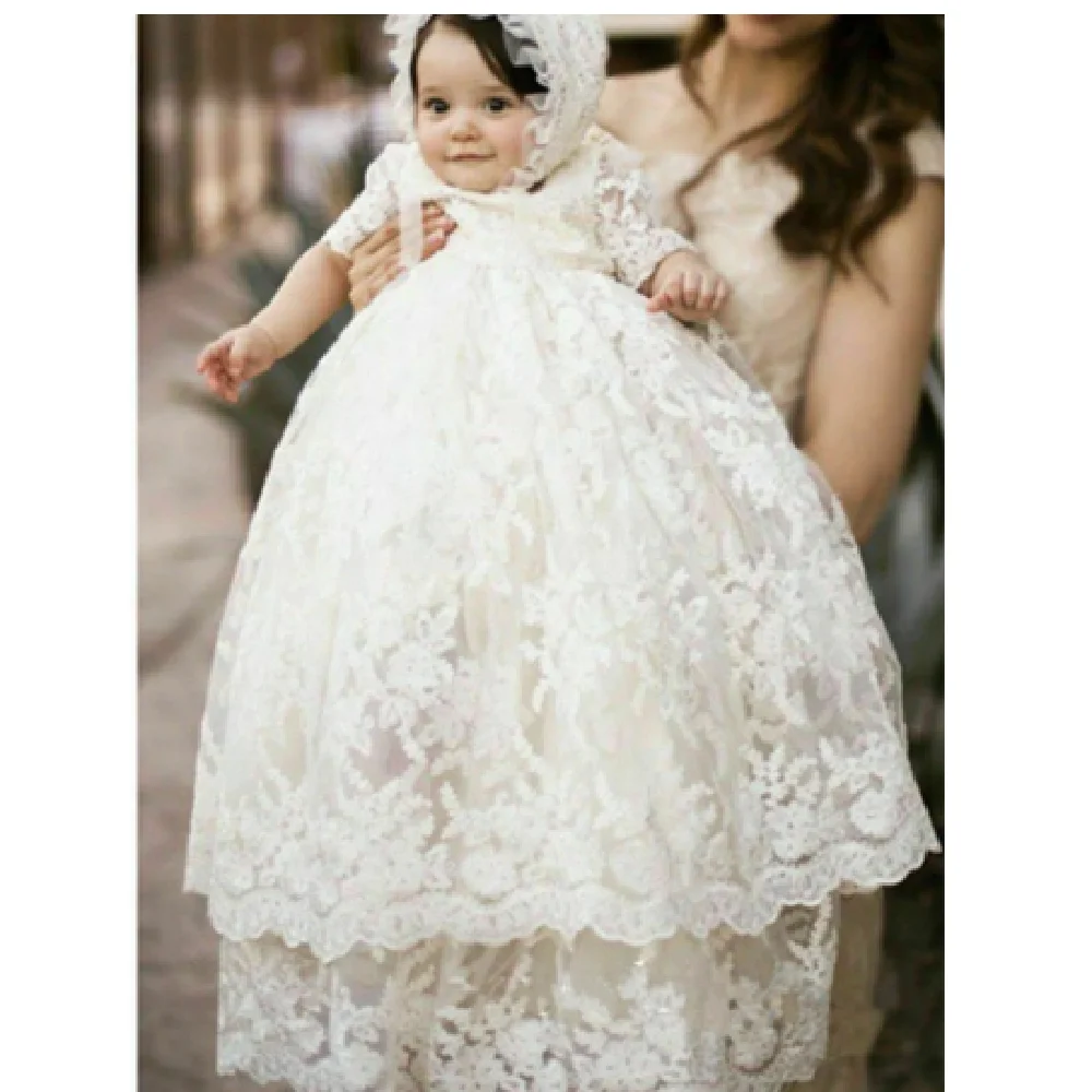 Lovely Half Sleeve Girl White Dresses for Baptism Baby Girl Clothing 1 Year Birthday Party Toddler Christening Gown