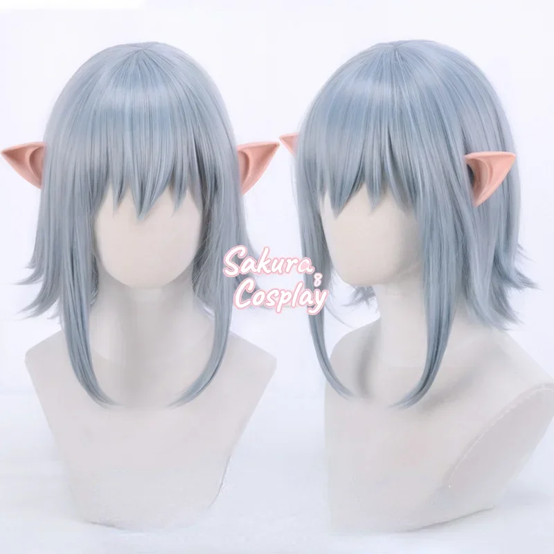 FF14 Haurchefant Greystone Cosplay Wig + Ears Short Light Blue Mixed Hair Heat Resistant Synthetic Hair Halloween Costume Party