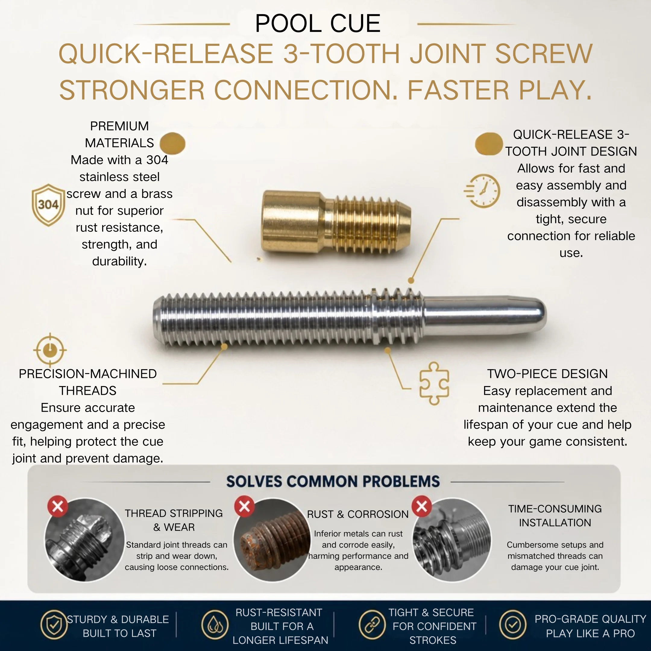 3-Tooth Quick Release Pool Cue Joint Screw Set Brass Nut 304 Stainless Steel Billiard Cue Repair Parts