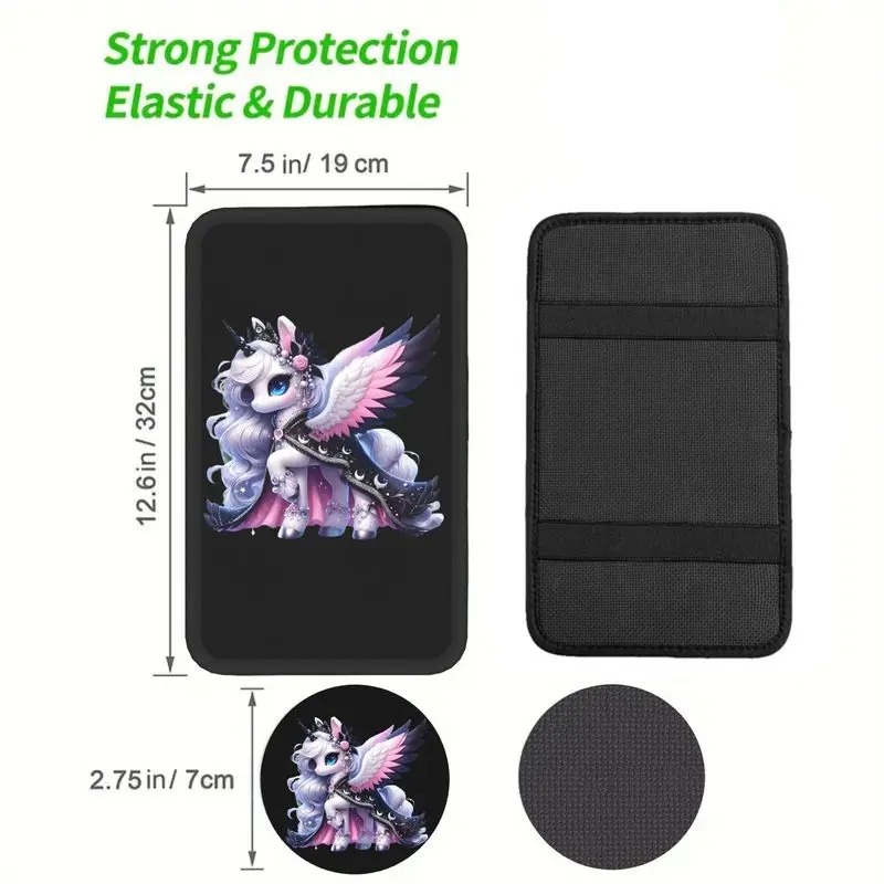 1Pc Car Armrest Cover & 2Pcs Cup Coasters Set With Fantasy Winged Unicorn Print For Car Interior