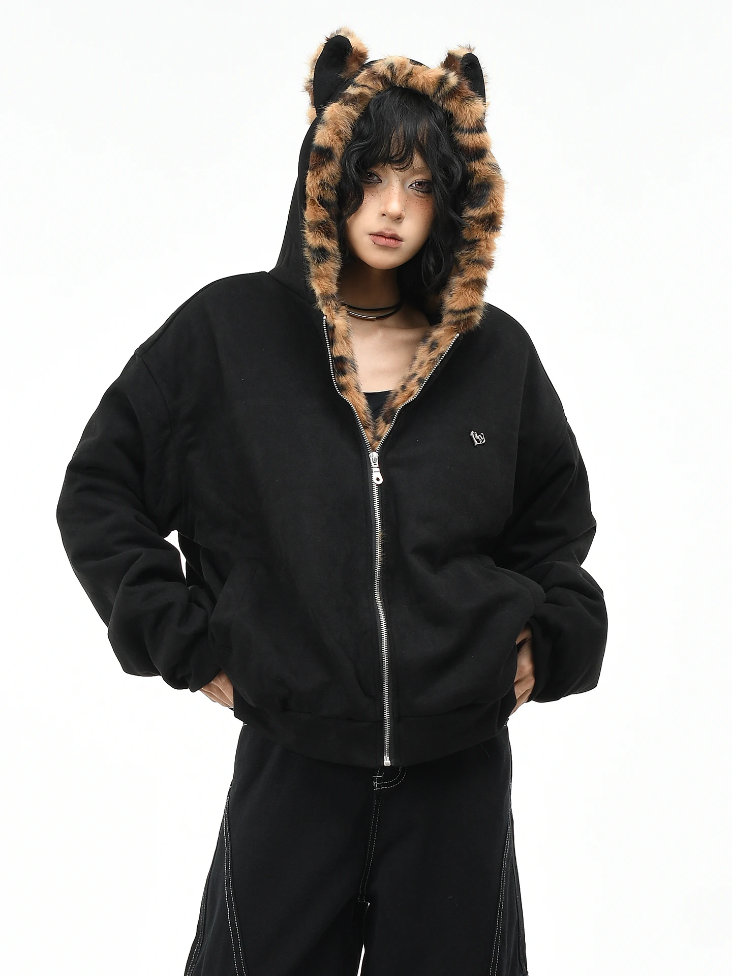 

OV Original American Leopard Print Ear Design Hooded Jaet Women's Winter Warm Cotton Coat Men's Mountain Eagle Sle Polyes...