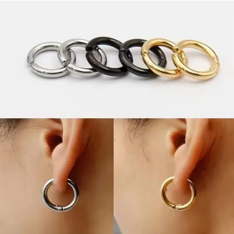 1/2Pcs Unisex Punk Medical Grade Stainless Steel Ear Cuffs, Korean Black Round Non Piercing Fake Hoop Earrings Hip Hop Jewelry
