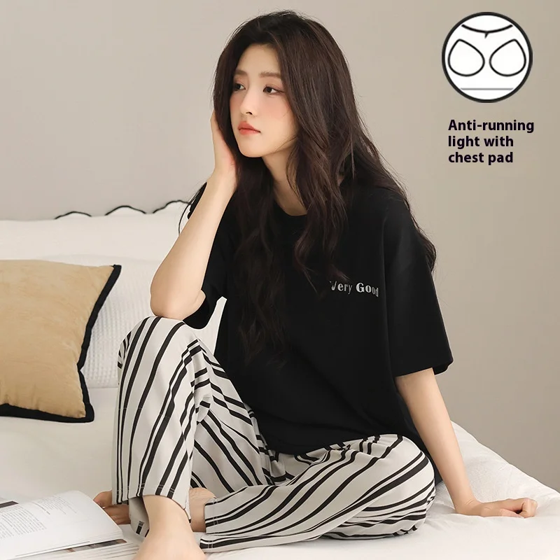 

Spring and Summer Ladies New Short-Sleeved Pajamas Girls Models with Cushions Simple Leisure Thin Large Size Pajamas Home Wear