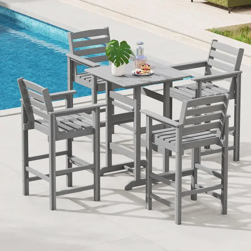 

30 Inch Square Bar Table Dining Table with Slatted Tabletop for Poolside-Gray