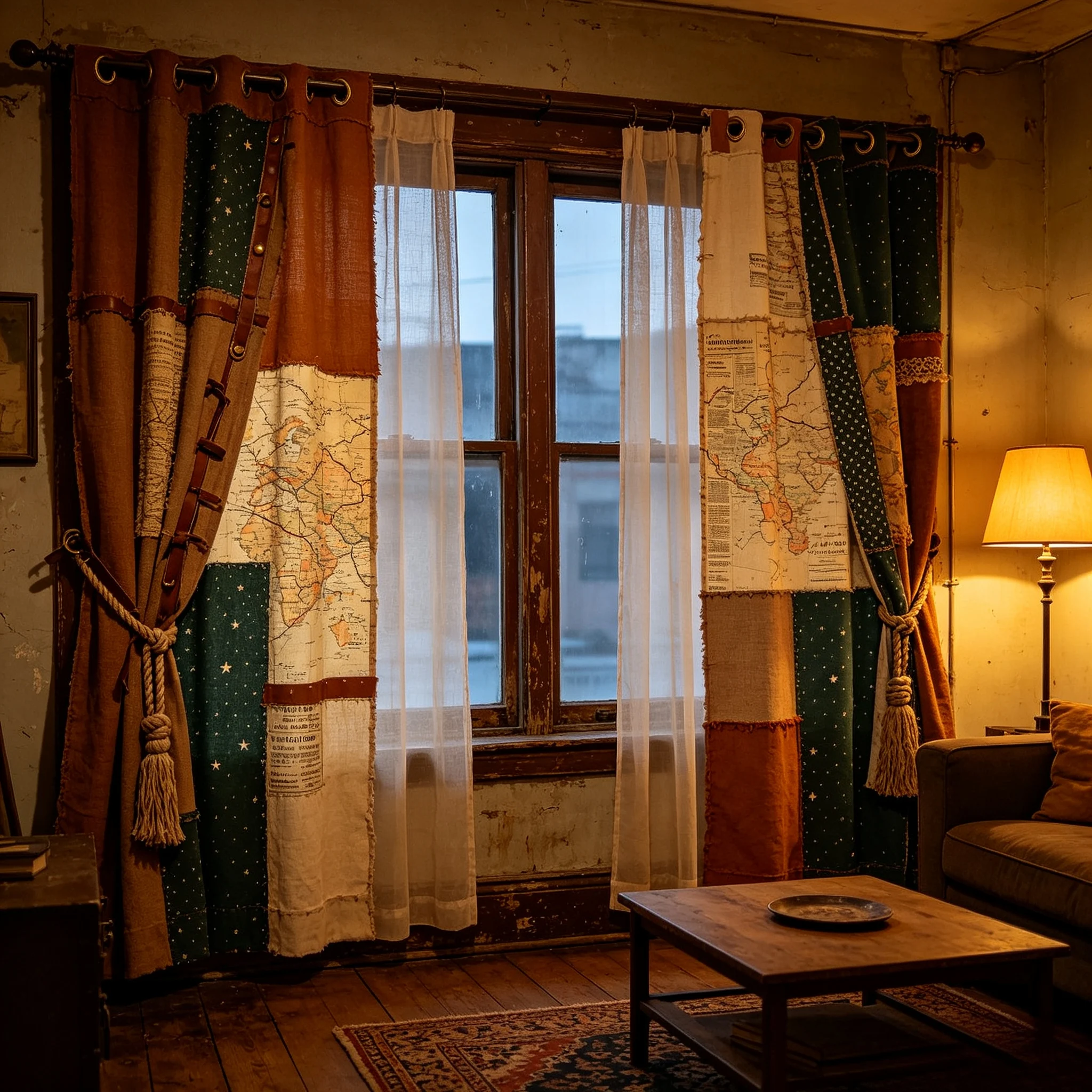 200251   Vintage rental house, old map, patchwork, metal ring, leather strap, hemp rope, tassel curtain