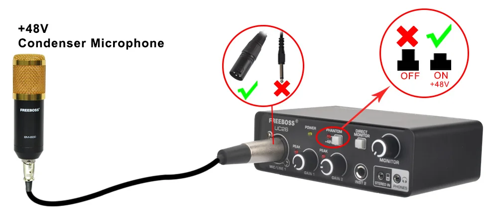 FREEBOSS Stereo Recording Audio Interface Guitar ASIO4ALL 3 Channels Input Monitor 48V External Usb Sound Card for Studio UC26