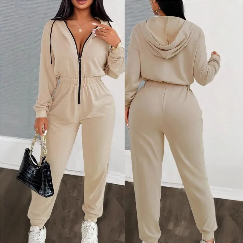 2026 Spring And Summer New Half-zip Solid Color Long-sleeved Hooded Jumpsuit Women's Office Commuting All-match Sports Jumpsuit