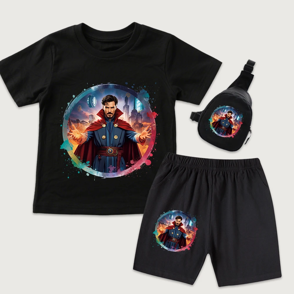 

Детская хлопковая футболка с принтом Doctor Strange Magic, шорты, мини-сумка на грудь, комплект из 3 предметов, повседневная летняя одежда для мальчиков и девочек