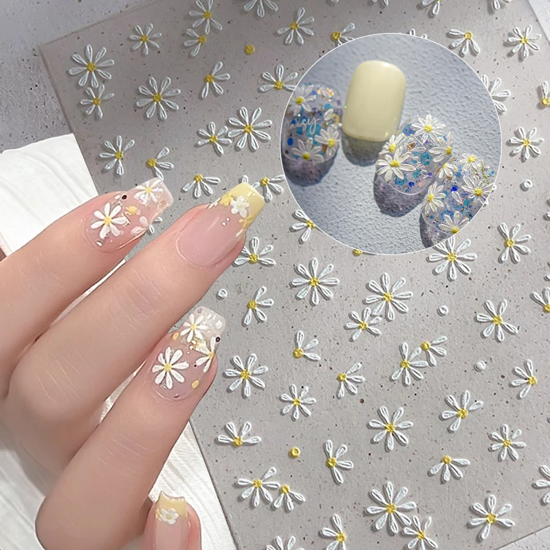 5D ฤดูใบไม้ผลิดอกไม้สติกเกอร์เล็บ Daisy กลีบสีสันนูนกาวสติ๊กเกอร์ Kawaii ดอกไม้เล็บ Charms Sliders ตกแต่ง DIY