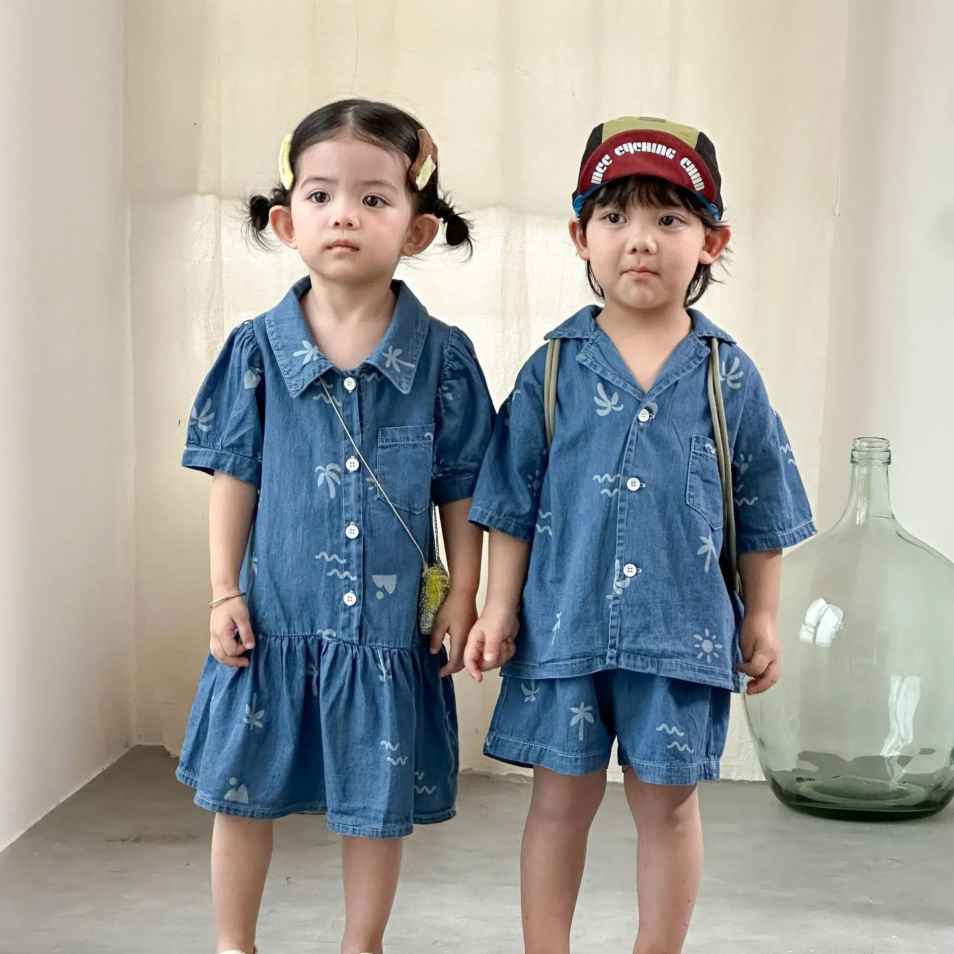 2026 Summer New Children Fashion Denim Clothes Set Boys Shirts Shorts 2pcs Suit Girls Lapel Casual Dress Brother Sister Outfits