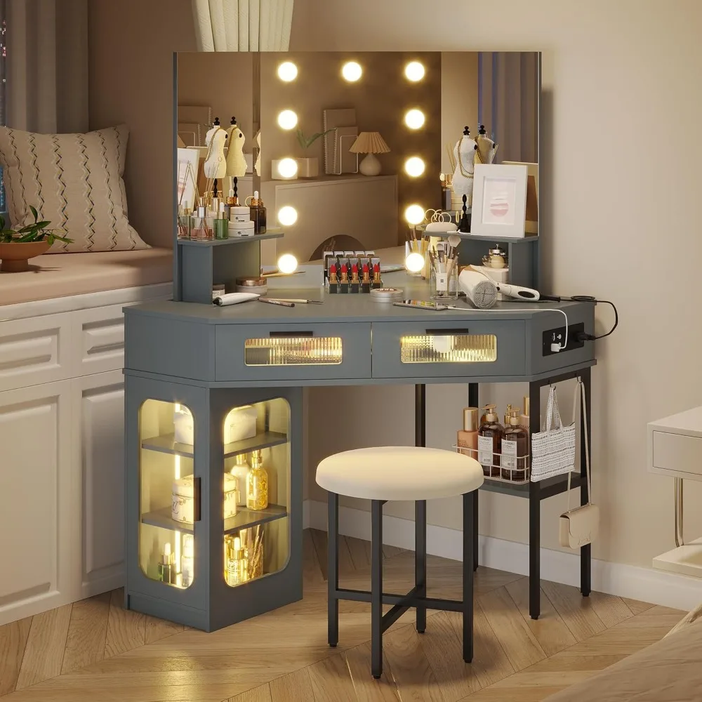 Vanity Desk with Lighted Mirror and Charging Station, Power Strip, Makeup Vanity Desk with Lights and Stool, Corner Makeup Table