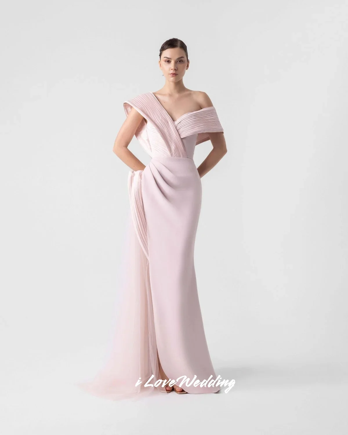 

Pink Off the Shoulder Evening Dress 2025 Satin V-Neck Backless Pleat Mermaid Split Floor-Length Wedding Guest Dress Customized