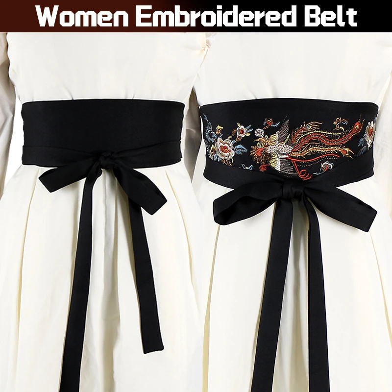 Japanese Style Satin Embroidered Belt Kimono Waistband Retro Chinese Traditional Hanfu Dress Belt Women Obi Yukata Robe Corset