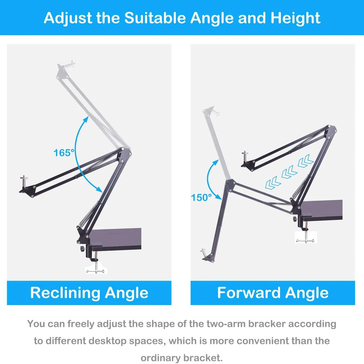 Trépied de table pour appareil photo avec vis de 1/4 pouces, ensemble de prise de vue aérienne, support de bras réglable pour téléphone, lampe