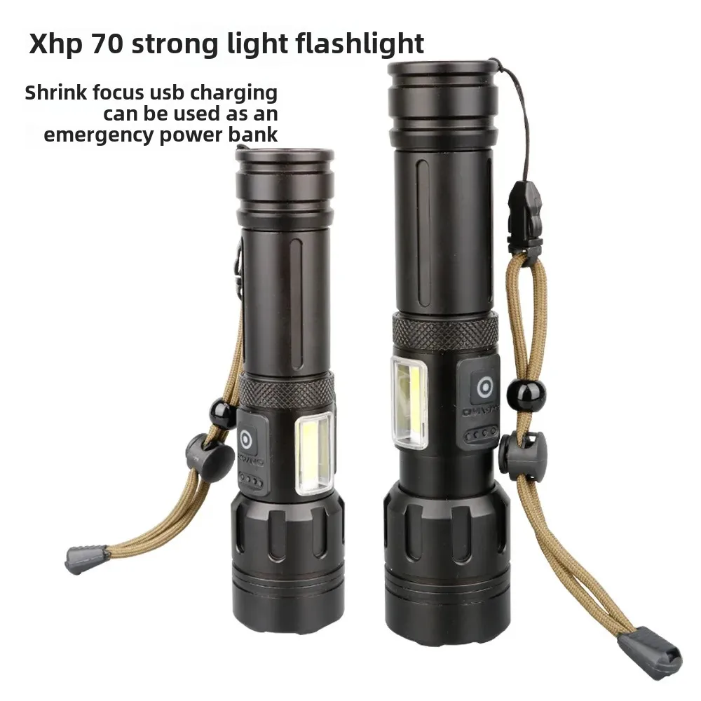 New Cross-Border XHp70+COB Flashlight USB Charging Strong Light White Red Backlight Battery Display Handheld Torch Light