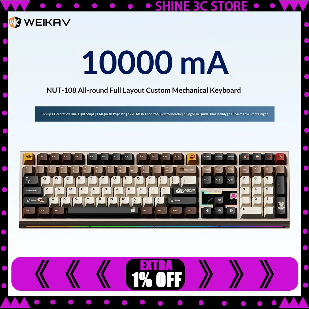 WEIKAV NUT108 108-Key Tri-Mode Aluminum Mechanical Keyboard with 10000mAh Battery RGB For Gifts