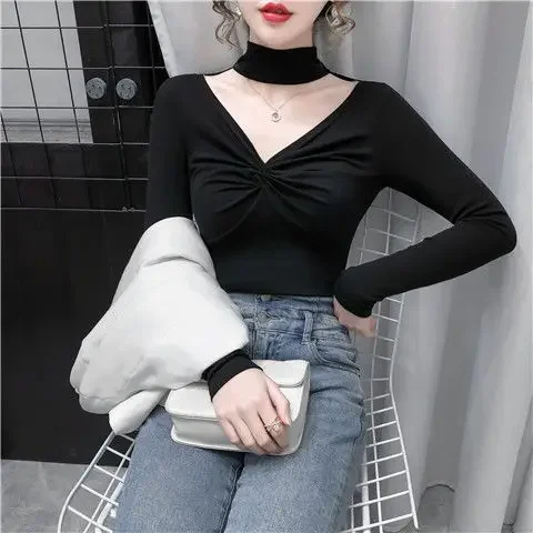 Blouse Women Autumn and Winter Knotted Slim-Fit V-neck Halter Long-Sleeved Shirts for Women Blusas Ropa De Mujer