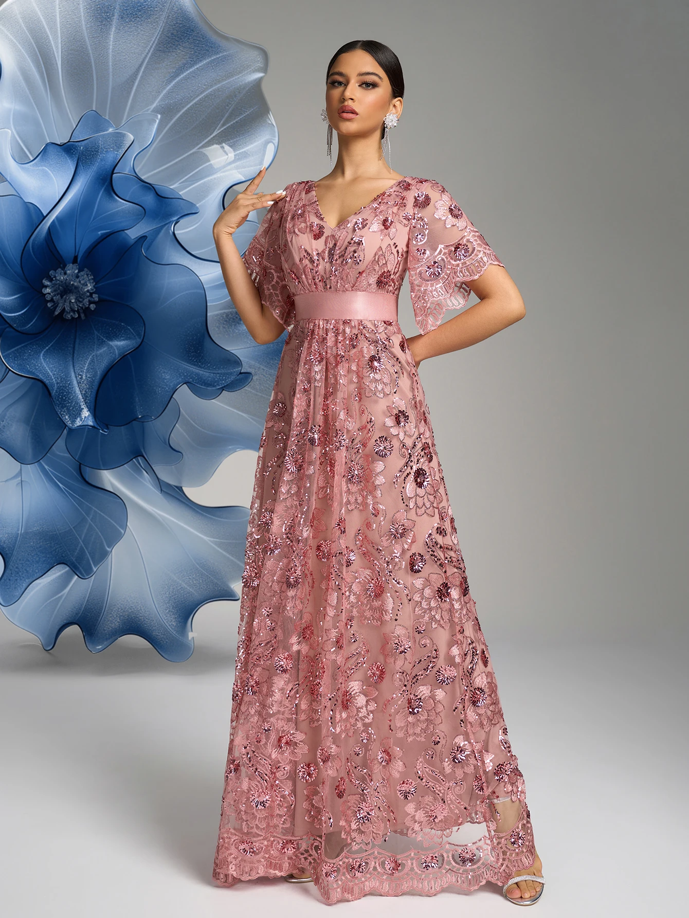 ชุดราตรีทรงยาวประดับเพชร แขนจีบ ปักลายดอกไม้ ดีไซน์หรูหรา สำหรับผู้หญิง