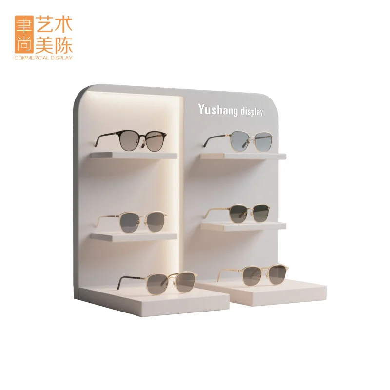 custom.YUSHANG Customizable Design LED Light Eyewear Density Board Table White Spray Painting Eyewear Display Stand