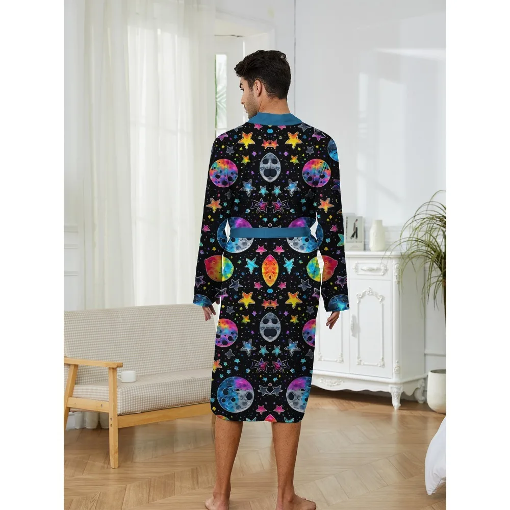 Men's Long Robe with Digital Printed Planet Pattern, Fun Sleeping Robe for Leisure and Entertainment at Home.