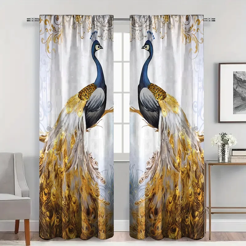 2pcs set Elegant Peacock Print Blackout Curtains for Living Room, Bedroom, Kitchen – Thermal Drapes for Home, Hotel & Room Decor
