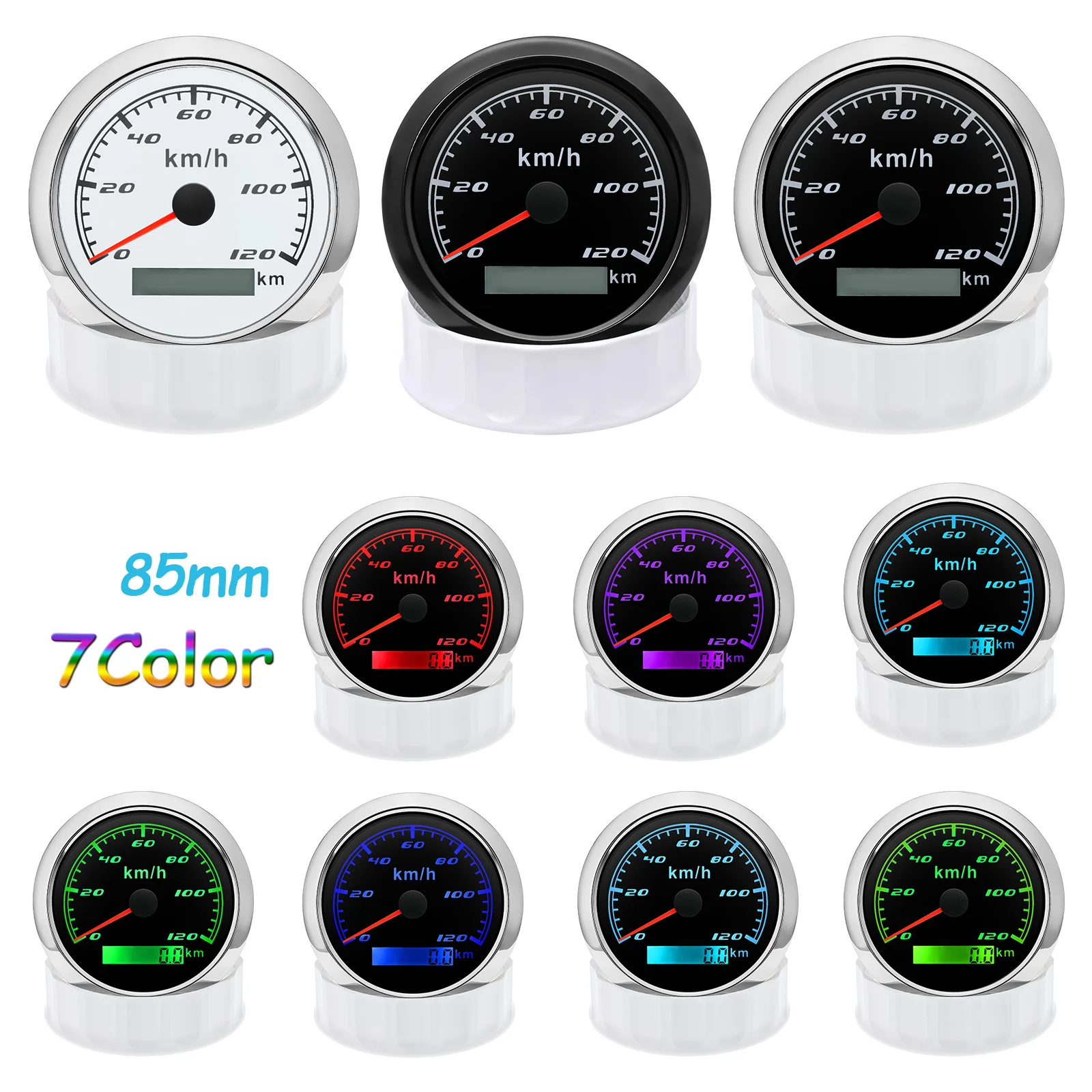 30KMH,60KMH,120KMH,200KMH,300KMH 85mm GPS Speedometer Gauge with Antenna 7Color LED Speed Meter for Car Boat Yacht 12V24V Custom