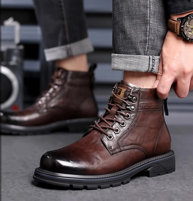 

Luxury Quality Designer Vintage Leather Men Snow Boots Business Microfiber leather Men Boots Lace Up Outdoor Motorcycle Boots