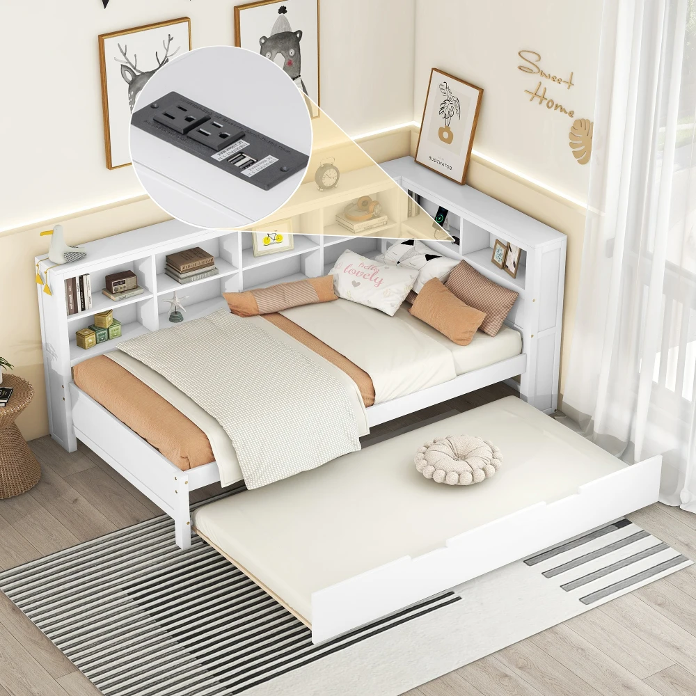 Wooden Twin Size DayBed with Twin Trundle, DayBed with Storage Shelf and USB Charging Ports Space-saving