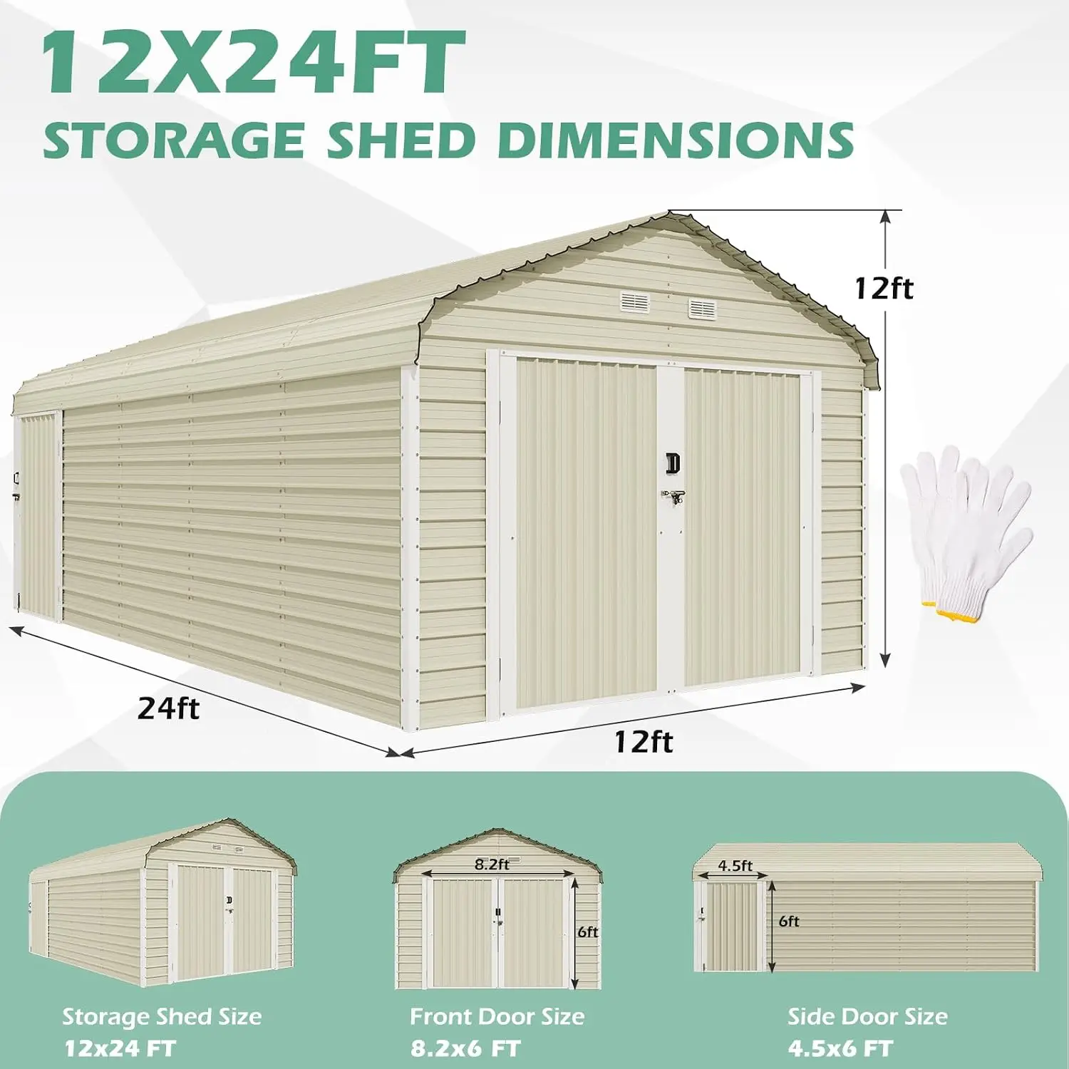 12x24 FT Heavy Duty Carport Galvanized Steel Frame Car Shelter Reinforced Base Enclosed Storage Shed Cars Trucks, Customized