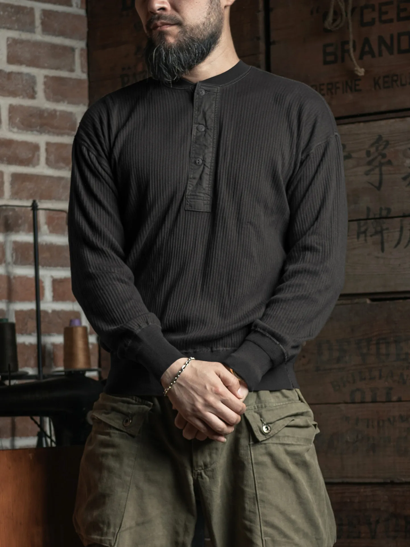 BRONSON Vintage Long-Sleeve Heavyweight Ribbed Henley T-Shirt Loose-Fit Drop-Shoulder 100% Cotton Base Layer